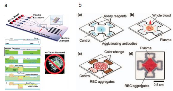 (a) 真空处理的微流控芯片 (b) 纸做的微流控芯片，上述两种芯片皆能即时分离血球血浆，进行血浆内蛋白质检测