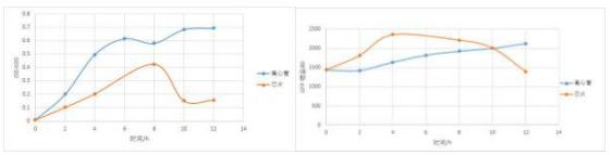 12 小时培养得到的大肠杆菌的 OD-时间曲线和荧光强度-时间曲线