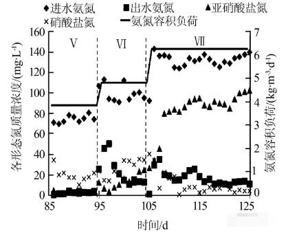 全程硝化逐渐向短程硝化转变，亚硝化效能调控阶段进出水氨氮、亚硝酸盐氮、硝酸盐氮及氨氮容积负荷变化情况