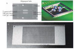 图1&nbsp; 微池型 PCR芯片: (A) 单反应池 PCR芯片，(B) 液滴虚拟微池 PCR芯片， (C) 微池阵列 PCR芯片
