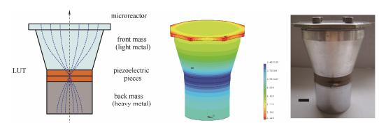 图4超声微反应器、振动位移分布及实物图（标尺为10mm）