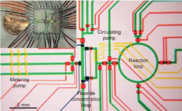 图6：用于合成2-脱氧-2- [18 F]氟-D-葡萄糖（[18 F] FDG）的微流体反应器。请注意相应标签的设备的子单元?？梢钥闯觯蒙璞傅恼稣嫉孛婊负醪淮笥谟脖?。Lee等人的图片 “使用集成微流体的放射性标记成像探针的多步合成”。