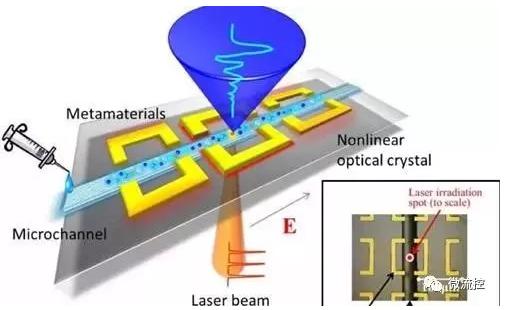 图一采用装配式太赫兹微流控芯片进行溶液测量的示意图 图一采用装配式太赫兹微流控芯片进行溶液测量的示意图