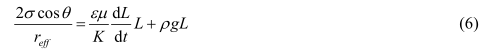毛细力、粘性力、重力平衡的控制方程