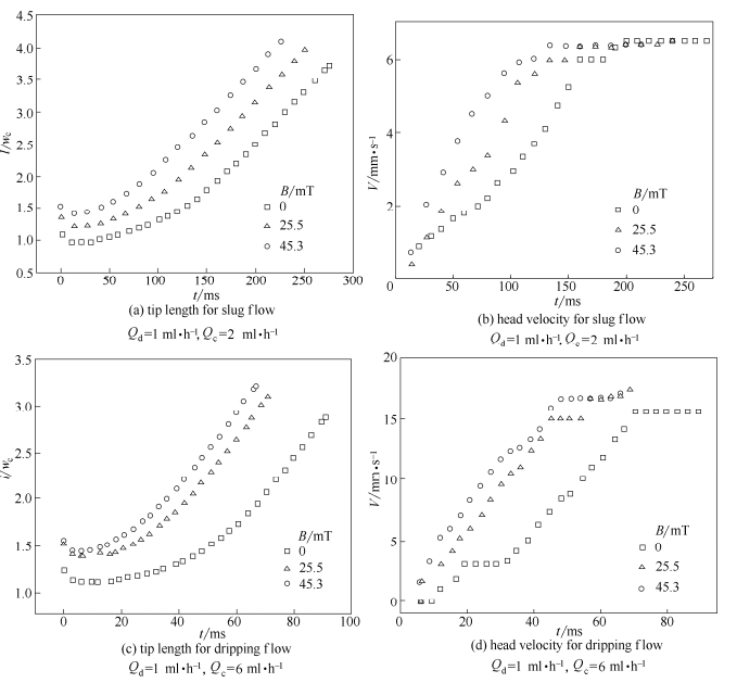 不同磁感应强度对分散相头部长度及瞬时速度的影响