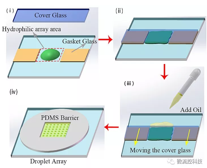 图1. 油盖水型液滴阵列制备步骤的示意图