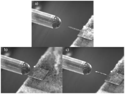 定制的微针涂覆设备和微针涂覆过程：a）涂覆前；b）微针涂覆中；c）撤回微针，完成涂覆