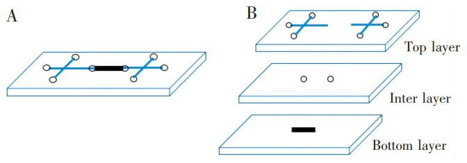 磁珠芯片设计图:(A)芯片俯视示意图;(B)芯片各层示意图
