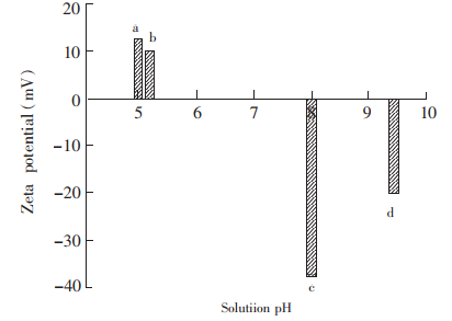 磁珠在不同溶液中的Zeta电位a,淋洗液;b,样品吸附溶液;c,洗脱液;d,样品对照液