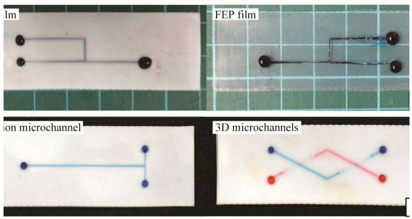 代表性的含氟聚合物微通道，其中充满含水染料的水。图片来源：SUTD