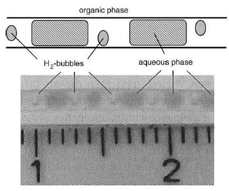 图12. 三相气-液-液毛细管微反应器的流体动力学行为（方案和照片）