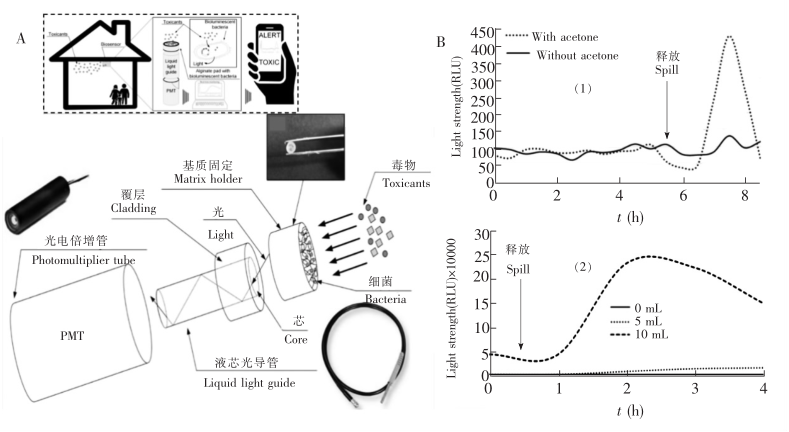 空气毒性检测传感器示意图及其对丙酮和三氯甲烷的检测结果