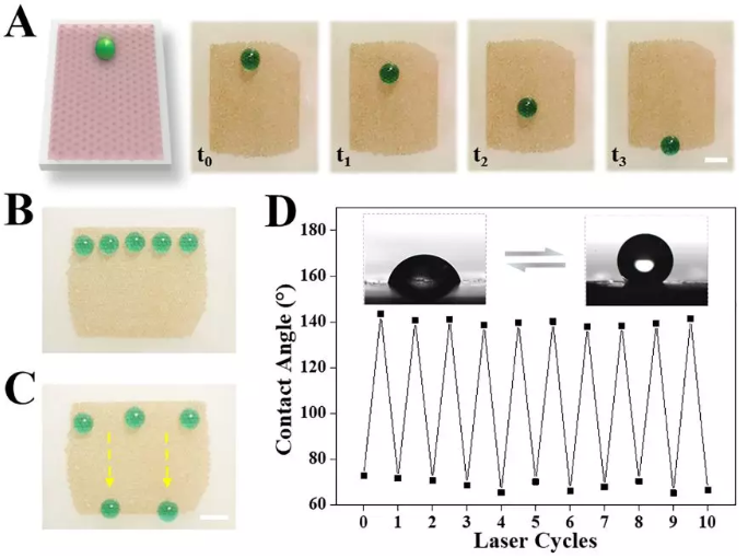 图2 具有可编程浸润性阵列的功能性表面在近红外的照射下进行液滴操控