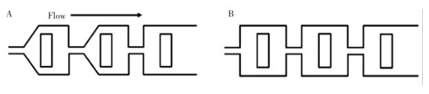 图4 不同形状的混合腔:(A)五边形混合腔微混合器; (B)四边形混合腔微混合器