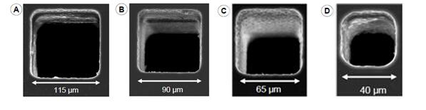 光敏玻璃不同尺寸的方孔加工结果